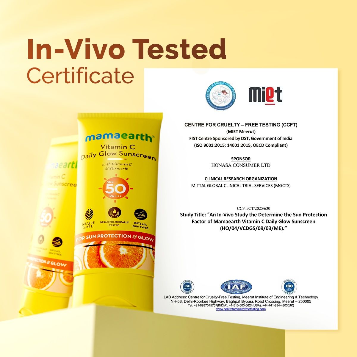 Mamaearth Vitamin C Daily Glow Sunscreen SPF 50 PA++++ – In-Vivo Tested (ISO 24444:2019 Certified, CTRI/2025/05/087276) - 50g