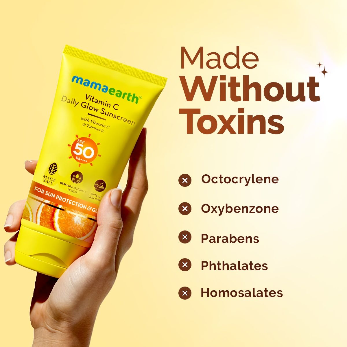Mamaearth Vitamin C Daily Glow Sunscreen SPF 50 PA++++ – In-Vivo Tested (ISO 24444:2019 Certified, CTRI/2025/05/087276) - 50g